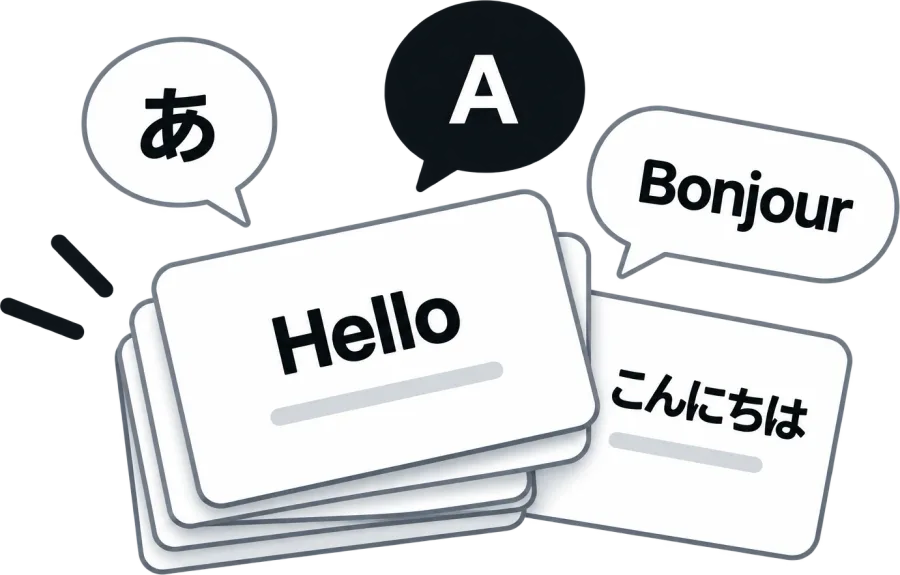 「あ」「A」「Hello」「Bonjour」「こんにちは」と書かれたカードが並ぶイラスト。