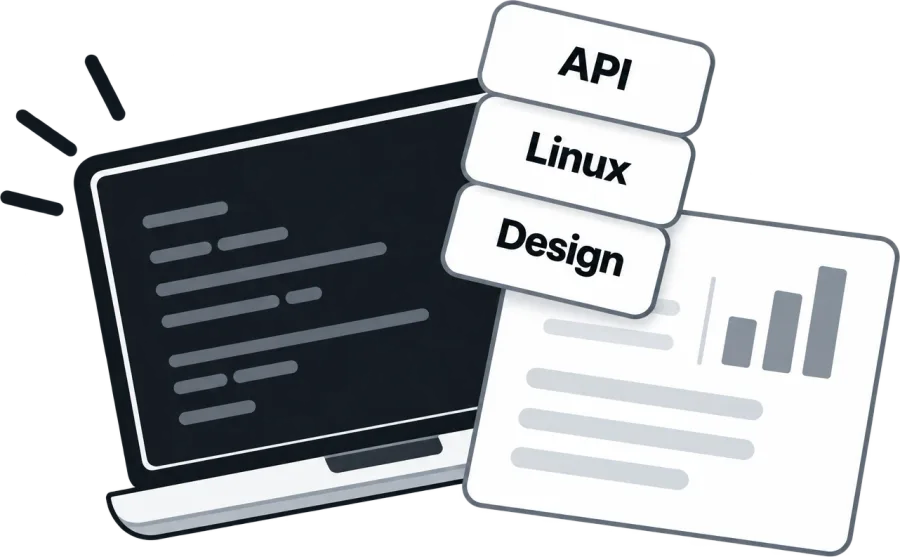 コードが表示されたノートパソコンと、API・Linux・Design と書かれたカードのイラスト。